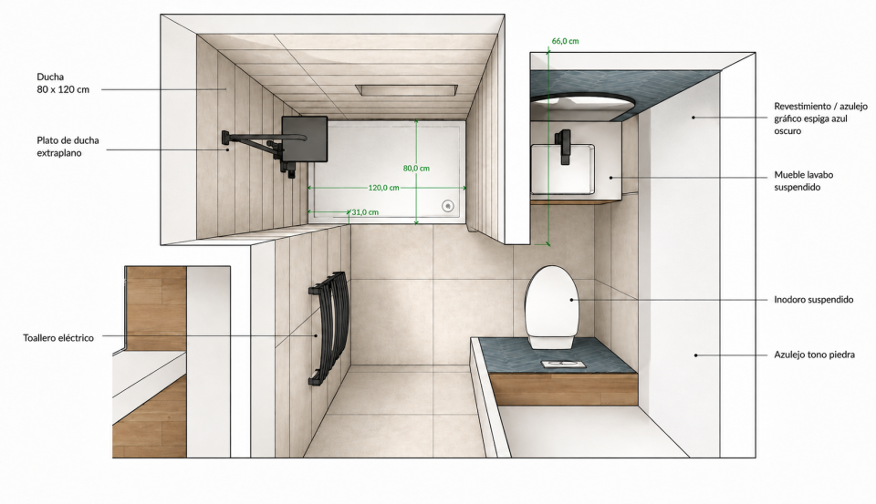 Sección técnica del baño con ducha 120x80, lavabo de 80 cm con cajones e inodoro suspendido detrás de media tabiquería