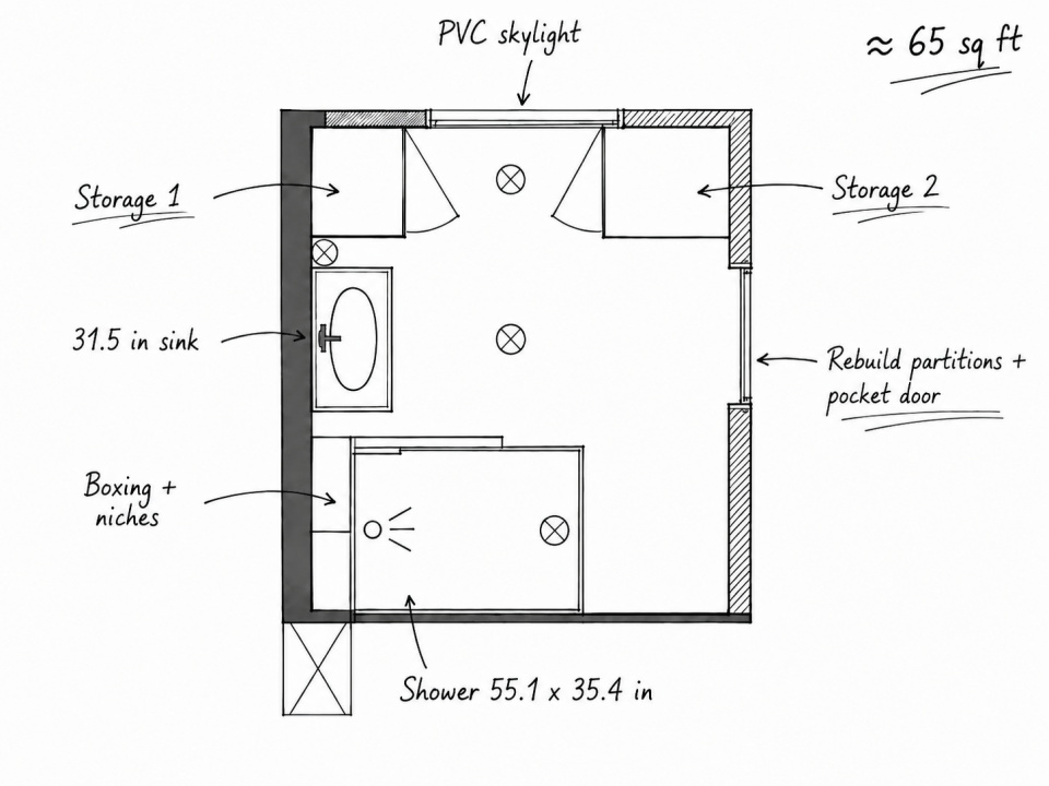 Annotated floor plan sketch of the 65 sq ft bathroom after merging with the adjoining closet, dimensions in inches