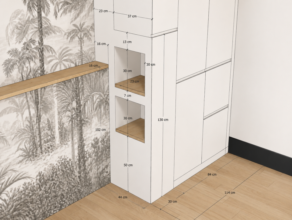 Detail of the custom bedroom wardrobe with wood niches integrated into the headboard structure