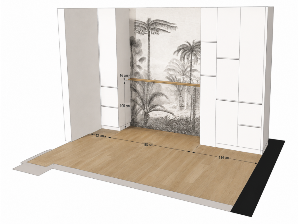 Suite parentale réalisée : placards sur mesure Ikea Méthode, niches bois et papier peint panoramique