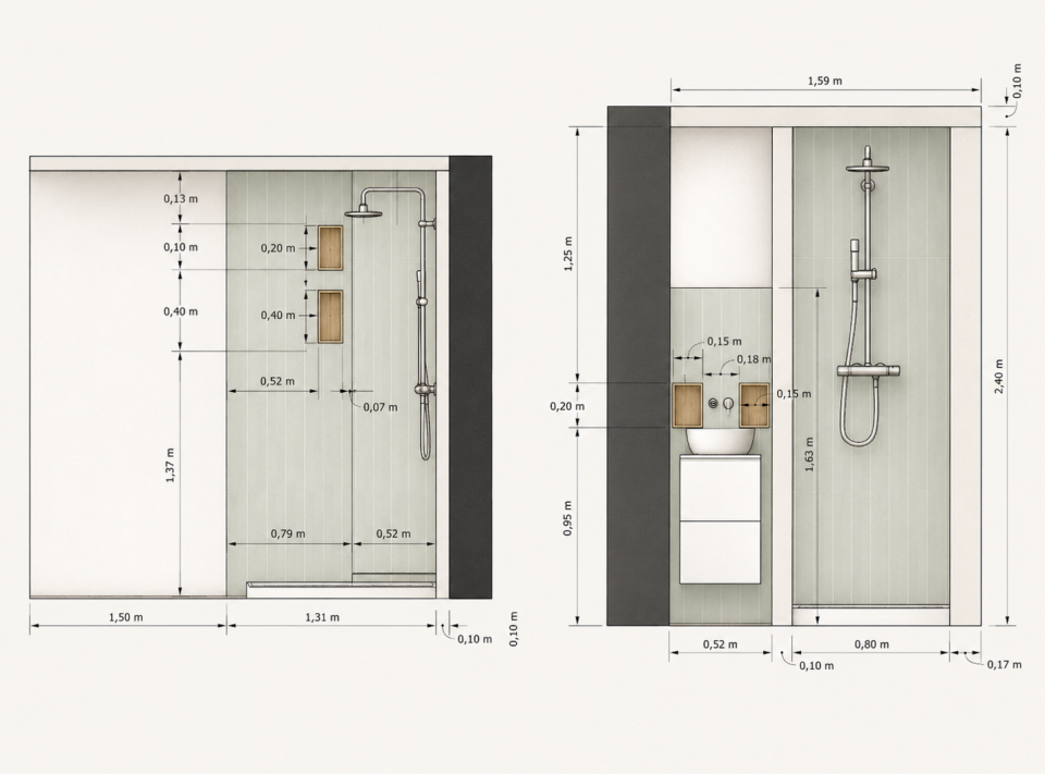 Alzado del baño de 2,8 m² de la suite principal: ducha italiana, lavabo y nichos integrados por arquitecto de interiores