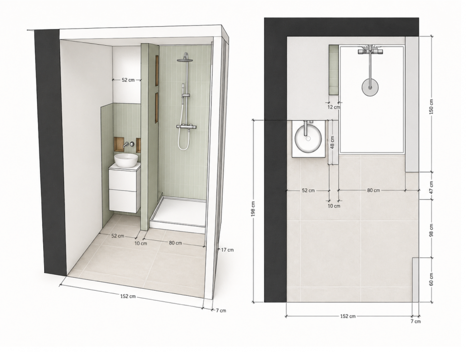 Plano 3D del baño con ducha italiana y mueble de lavabo en la suite principal