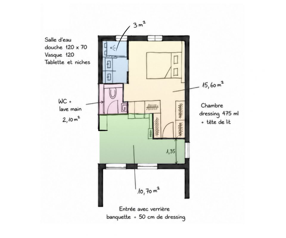Plan version 3 aménagement 31 m² avec porte à galandage, claustra et dressing de 4,75 m
