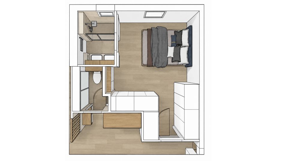 Projection 3D architecture intérieure version projet finale aménagement 31 m² suite parentale claustra dressing