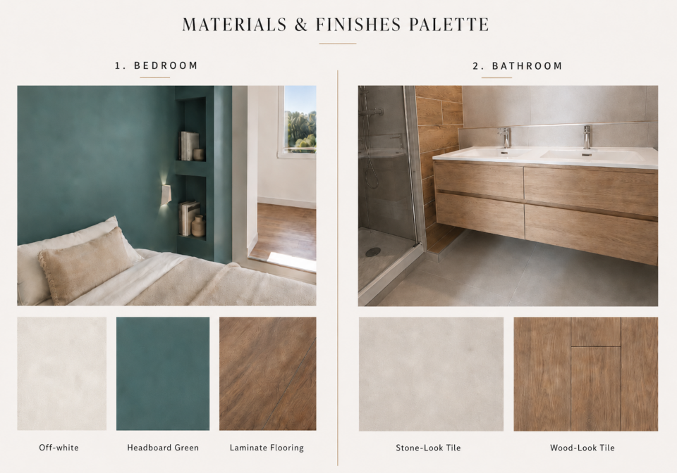 Interior materials palette for the 213 sq ft master suite: finishes, colors, and full program overview