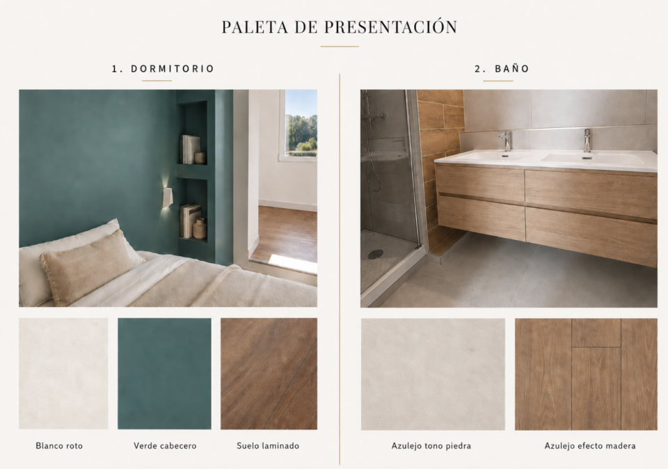 Paleta de presentación de la suite principal de 19,75 m²: materiales, colores y programa completo