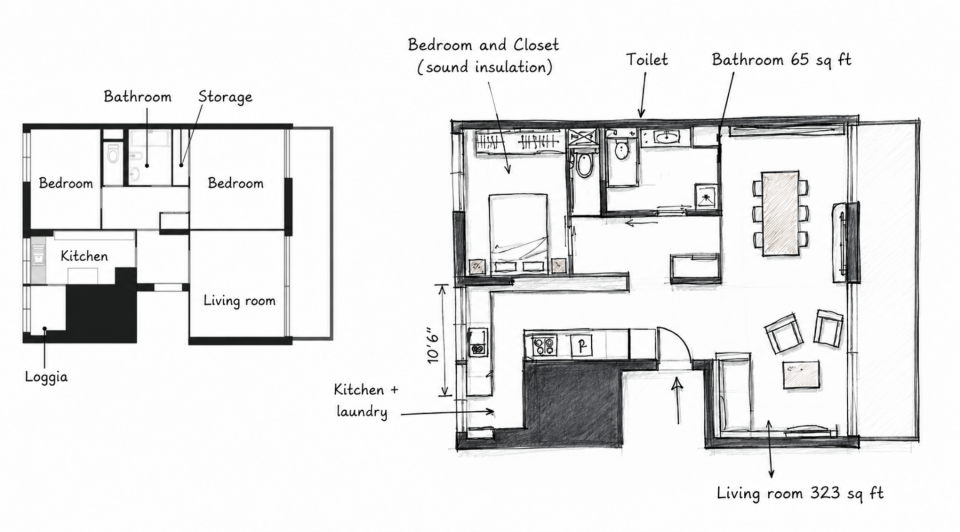 Apartment renovation floor plan 732 sq ft with expanded kitchen laundry area, 65 sq ft bathroom and 323 sq ft living room