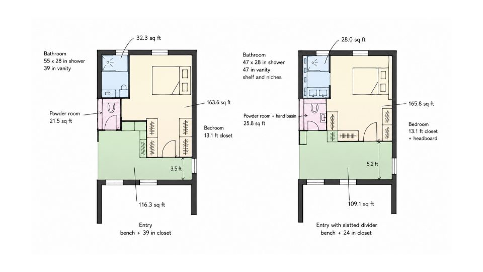 Comparative floor plans scenarios 1 and 2 for 310 sq ft layout with entryway, bathroom and master suite