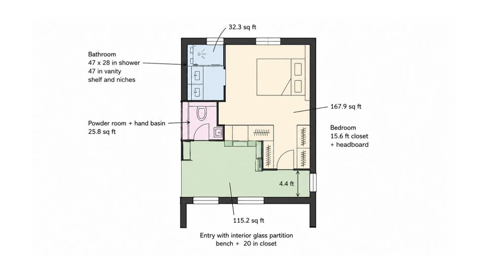 Version 3 floor plan 310 sq ft with pocket door, claustra and 15.5 ft closet for master suite