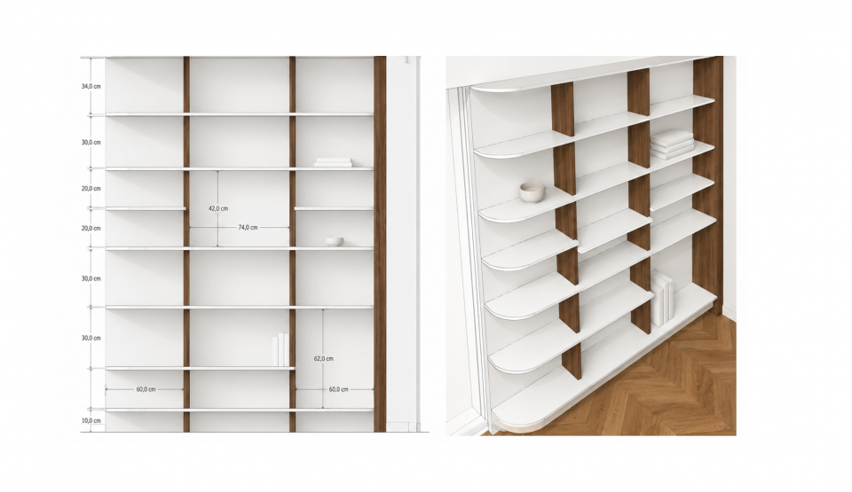 Bibliothèque sur mesure bois blanc plan 3D avec cotes pour le séjour de 30 m² de l'appartement 68 m²