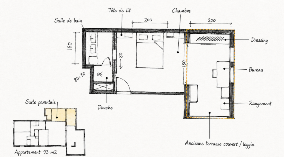 Coupe architecturale de la tête de lit intégrée avec niches électrifiées et interrupteurs dissimulés