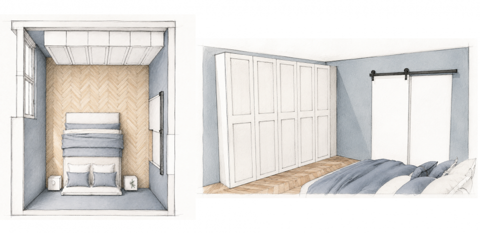 Croquis de la chambre adulte avec dressing, tête de lit sur mesure et rangements sur toute la longueur