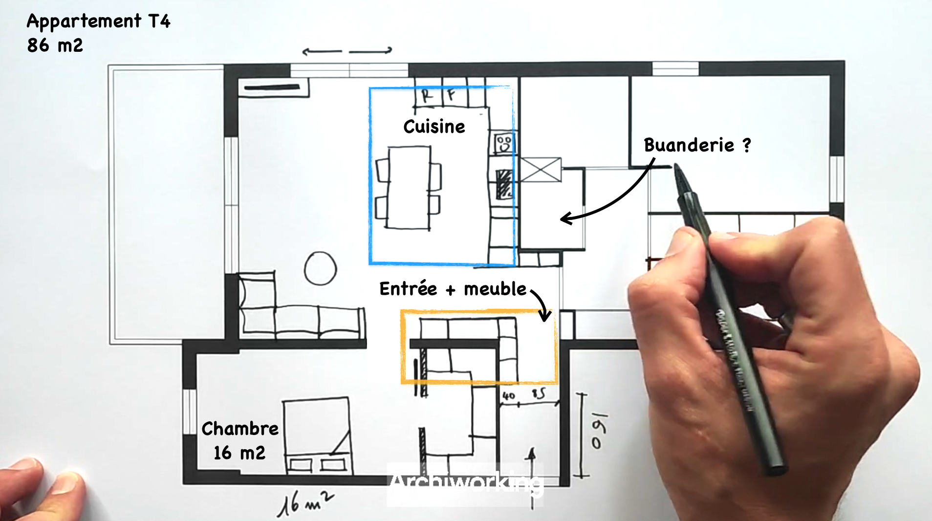 Dessin de plan d'appartement à main levée avec scénarios d'agencement intérieur ArchiWorking