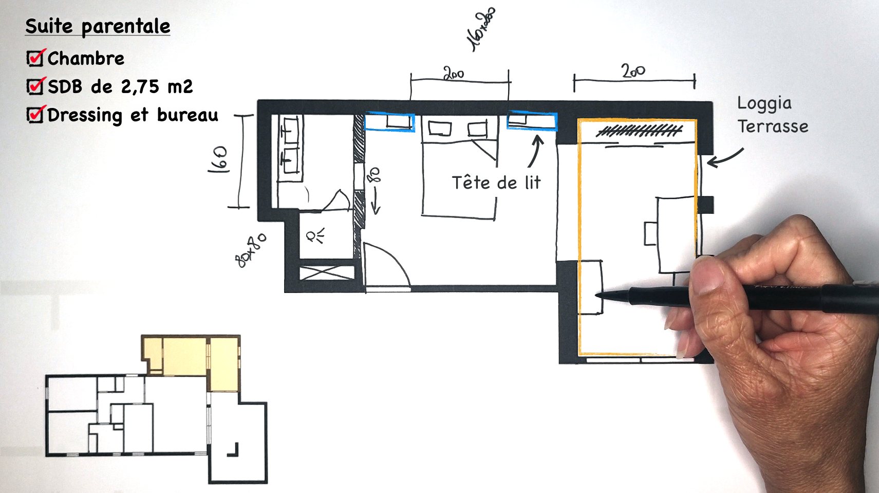 Dessin de plan de suite parentale à main levée par spécialiste en aménagement intérieur ArchiWorking en visioconférence