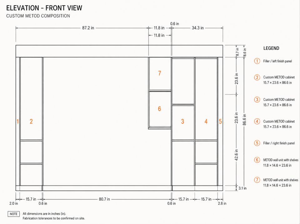 Front elevation of the custom-look Ikea Metod cabinet integrated into the master suite headboard wall