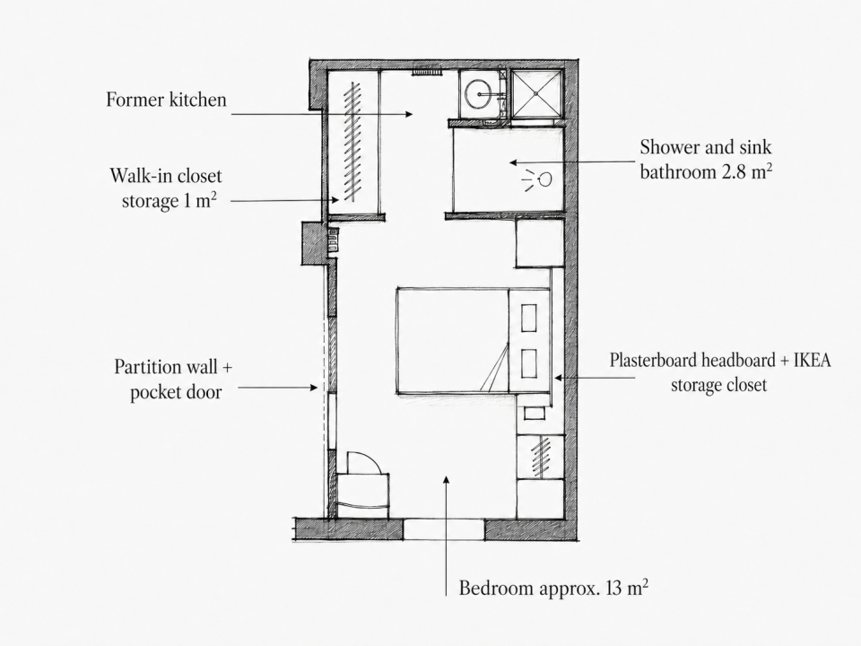 Hand-drawn floor plan of the master suite created in the former kitchen: bedroom, 30 sq ft bathroom, and walk-in closet