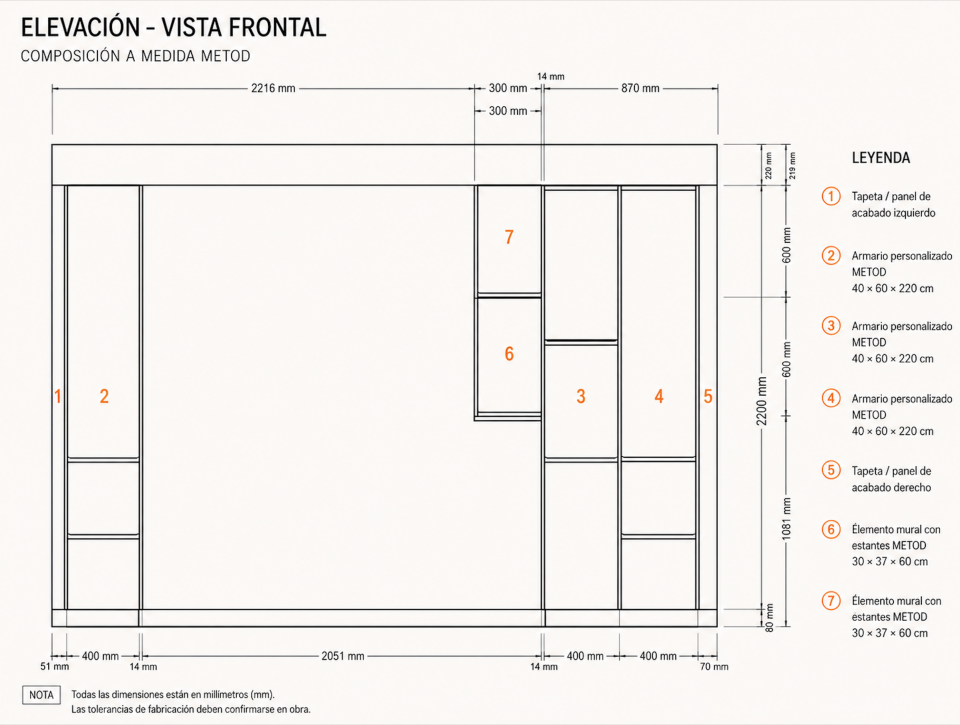 Alzado frontal del mueble Ikea Metod a medida integrado en el paramento del cabecero de la suite principal