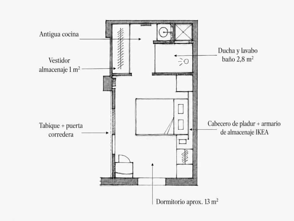 Plano dibujado a mano de la suite principal creada en la antigua cocina: dormitorio, baño de 2,8 m² y vestidor