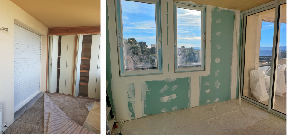 Loggia de 8 m² réintégrée à la suite parentale : dressing 2 m linéaire, bureau face aux fenêtres et nouvelles menuiseries
