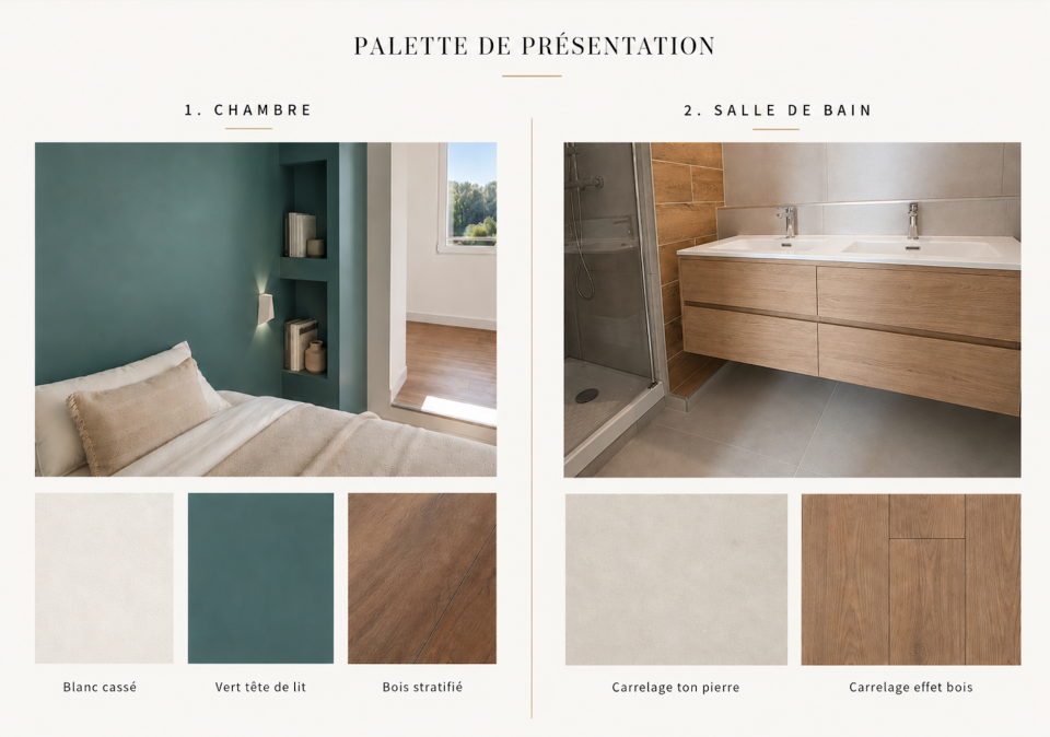Palette de présentation de la suite parentale de 19,75 m² : matériaux, couleurs et programme complet