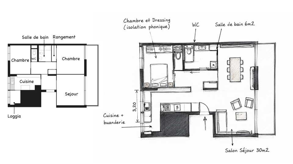 Plan d'aménagement de l'appartement 68 m² avec cuisine buanderie, salle de bain 6 m² et séjour de 30 m²