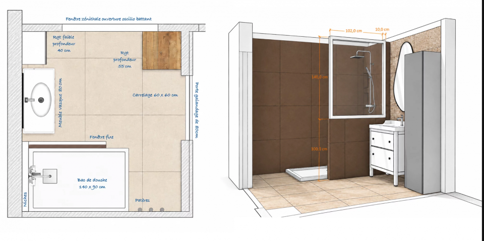 Plan croquis de la salle de bain de 6 m² avec douche 140x90, meuble vasque et rangements sur mesure