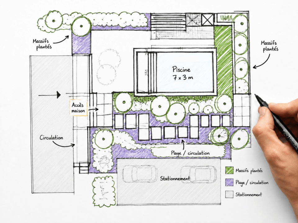 Dessin de plan d'aménagement extérieur piscine jardin circulation à main levée par paysagiste concepteur ArchiWorking