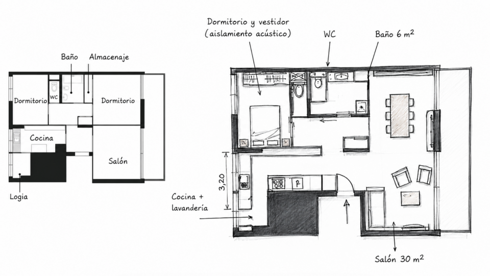 Plano de distribución del apartamento de 68 m² con cocina lavandería, cuarto de baño de 6 m² y salón de 30 m²