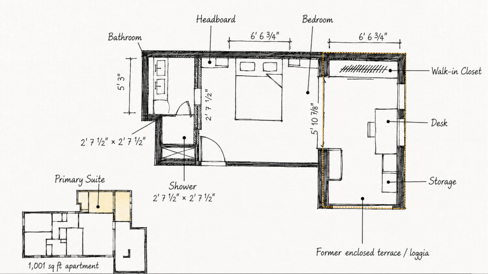 Overall floor plan of the 213 sq ft master suite: existing bedroom, 30 sq ft bathroom and 86 sq ft loggia to integrate