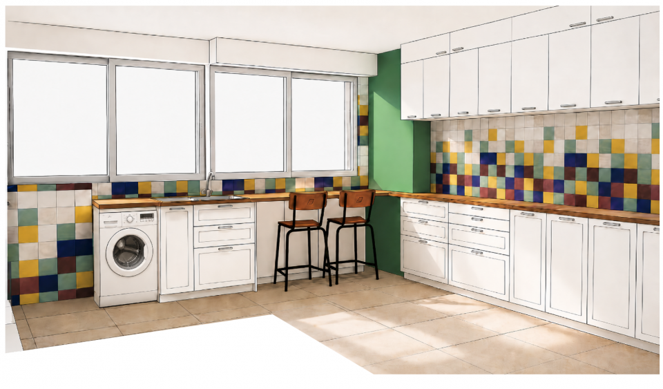 Projection de la cuisine buanderie avec carrelage coloré et rangements sur mesure dans l'appartement 68 m²
