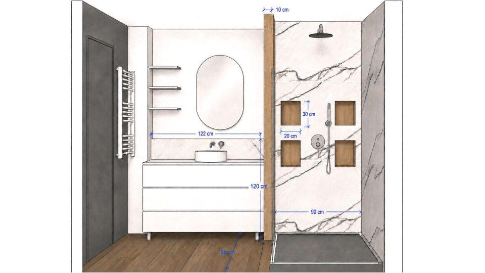 Plan coté salle d'eau avec implantation douche 90x135, meuble vasque 1,20 m et sèche-serviettes