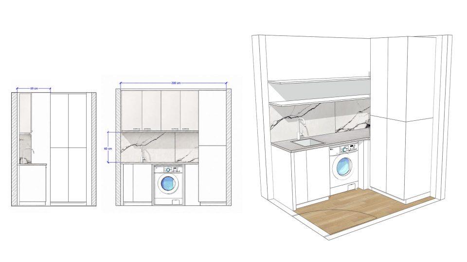 Plan 3D buanderie optimisée 3,5 m² avec plan de travail et rangement dans un appartement