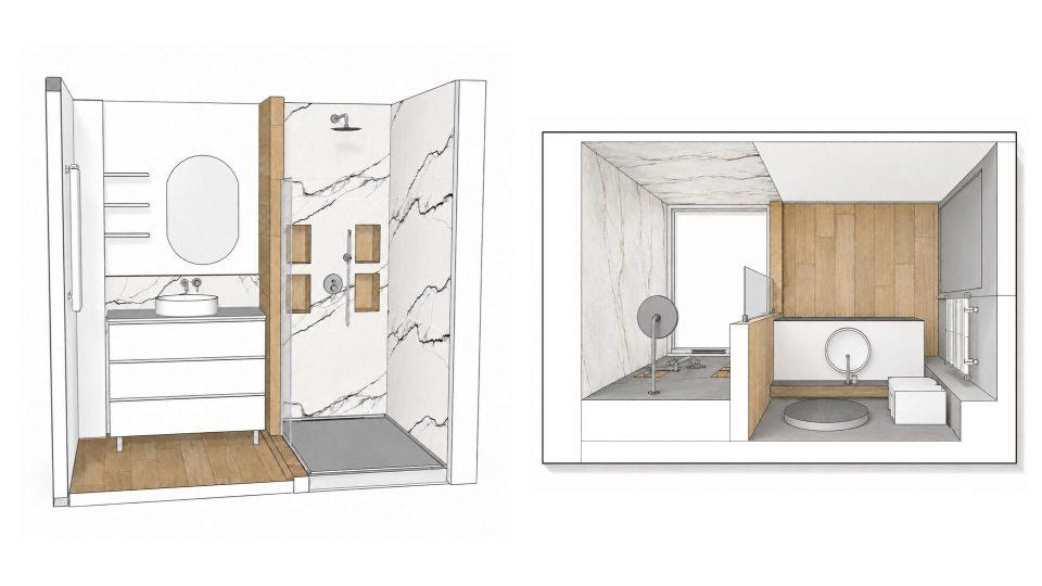 Plan 3D salle d'eau 3,5 m² avec douche grès cérame, vasque et quatre niches