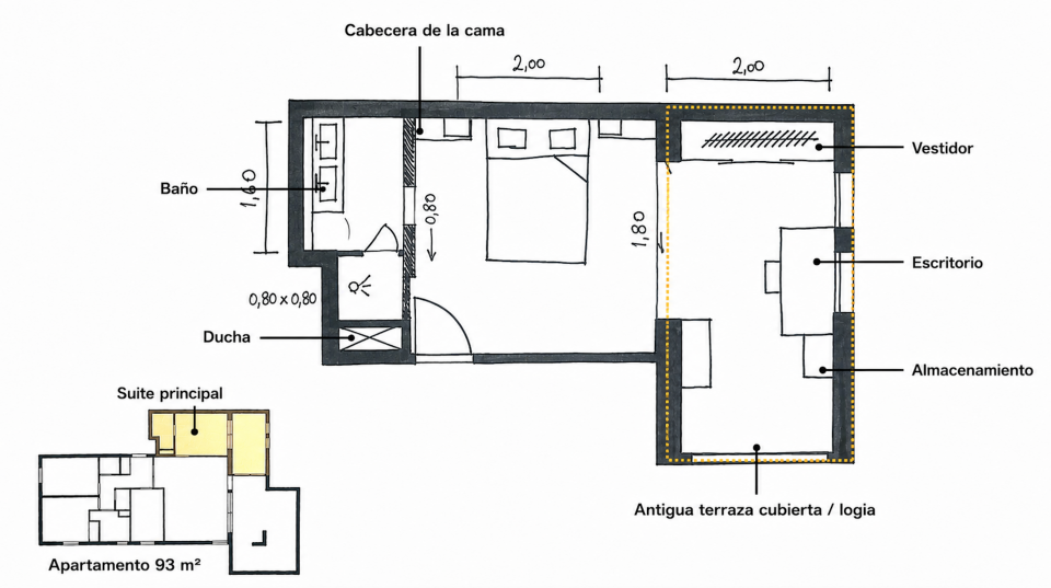 Plano general de la suite principal de 19,75 m²: dormitorio existente, baño de 2,75 m² y loggia de 8 m² por integrar