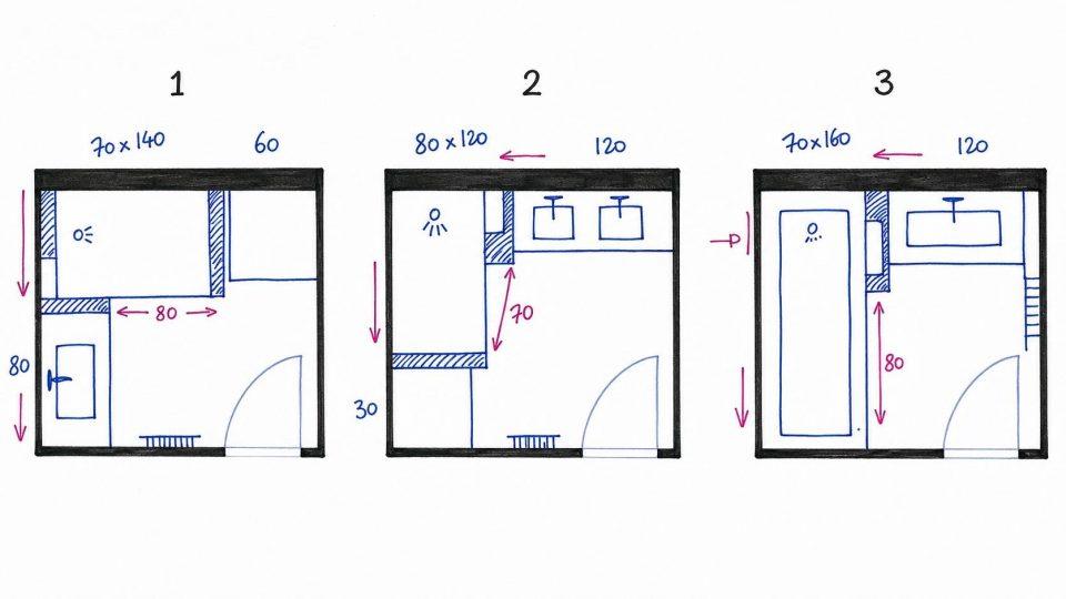 Comparaison des trois plans d'aménagement de la salle de bains de 3,5 m² avec cheminement des réseaux et caissons techniques