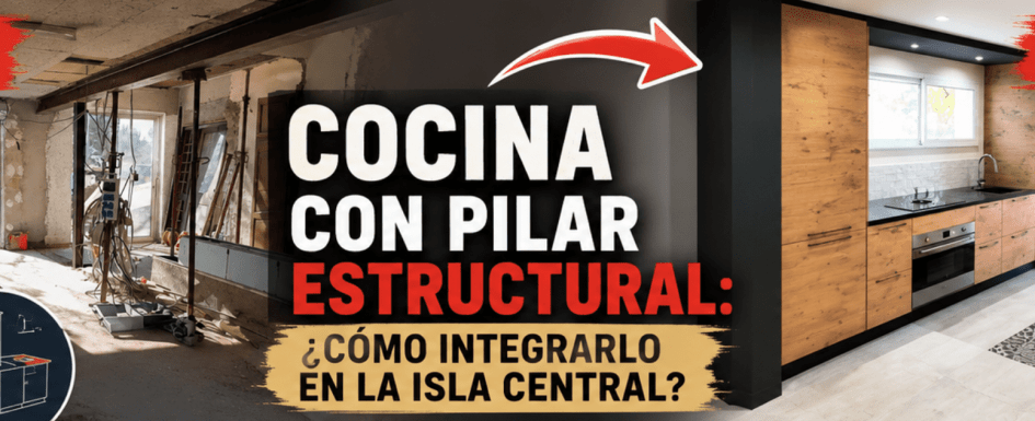 Cocina abierta con pilar estructural