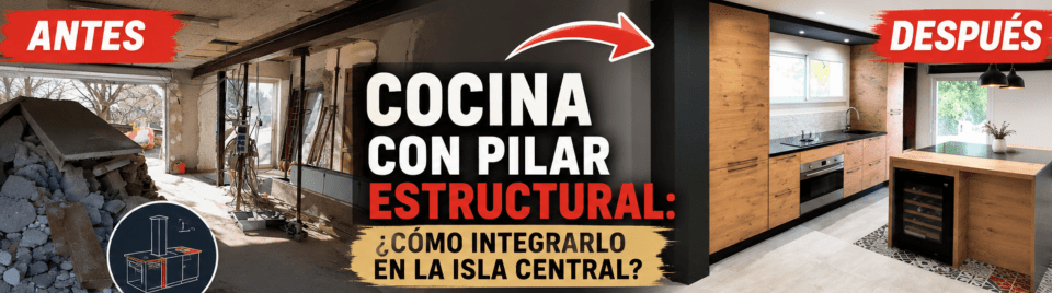 Cocina abierta con pilar estructural