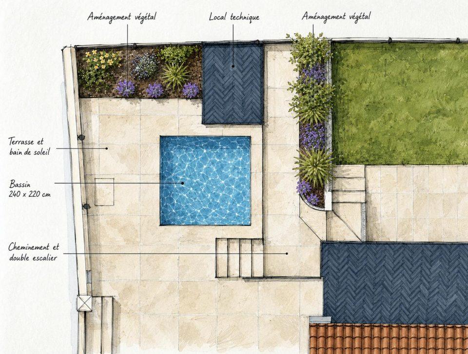 Plan de l'état des lieux du jardin en pente : paliers, double escalier, jardinière conservée et zone non constructible avant implantation du bassin