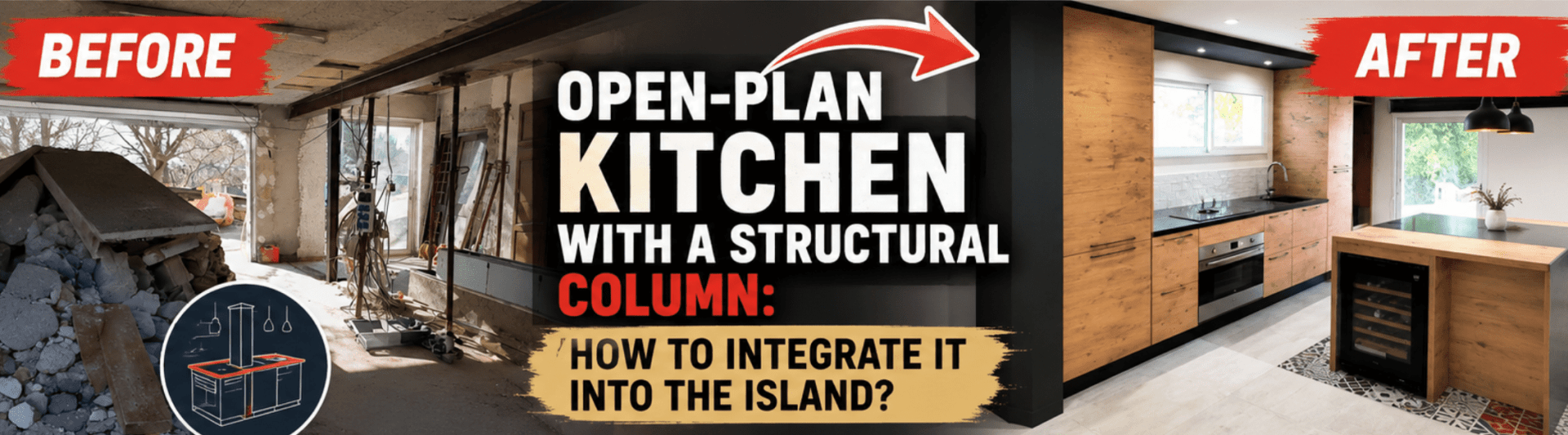 Open plan kitchen with a structural column