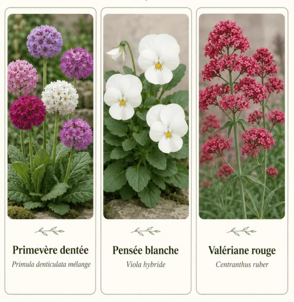 Palette végétale fleurie recommandée pour un jardin d'hiver : primevère, pensée et valériane