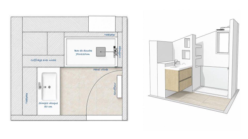 Plan de la salle de bain sous pente avec baignoire 70x150 cm, coffrage technique et tablette derrière la baignoire