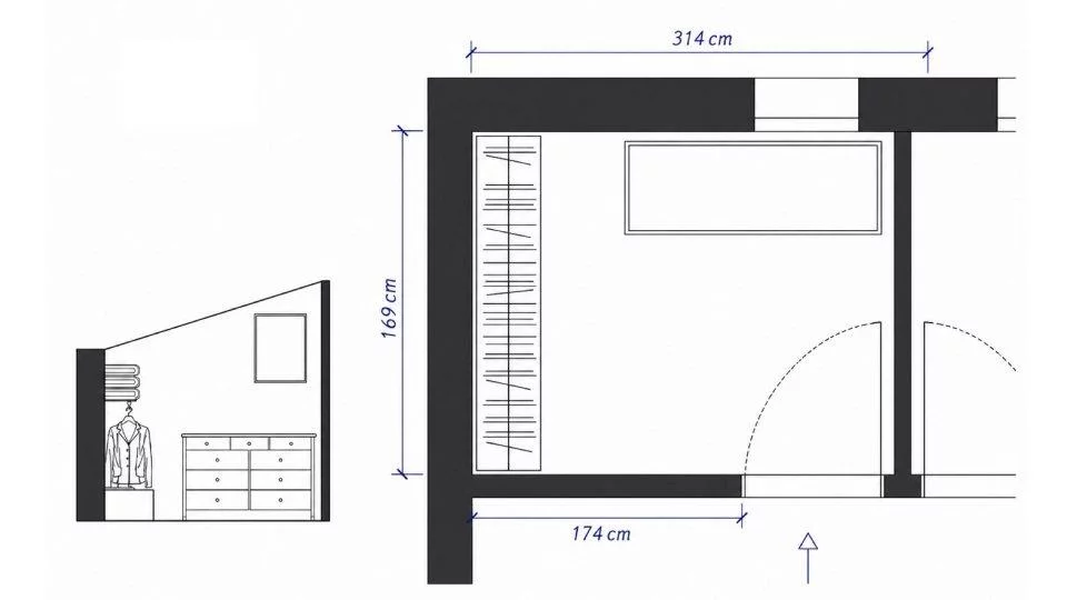 Plan de la salle d'eau sous pente avec douche 70x120 cm, cloison toute hauteur et vasque suspendue 80 cm