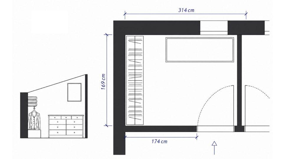 Plan de la salle d'eau sous pente avec douche 70x120 cm, cloison toute hauteur et vasque suspendue 80 cm