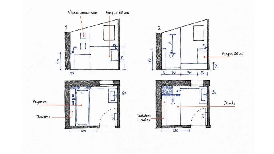 Croquis de la solution sur mesure avec robinetterie encastrée, caisson en plaques de plâtre et tablette en L sous pente