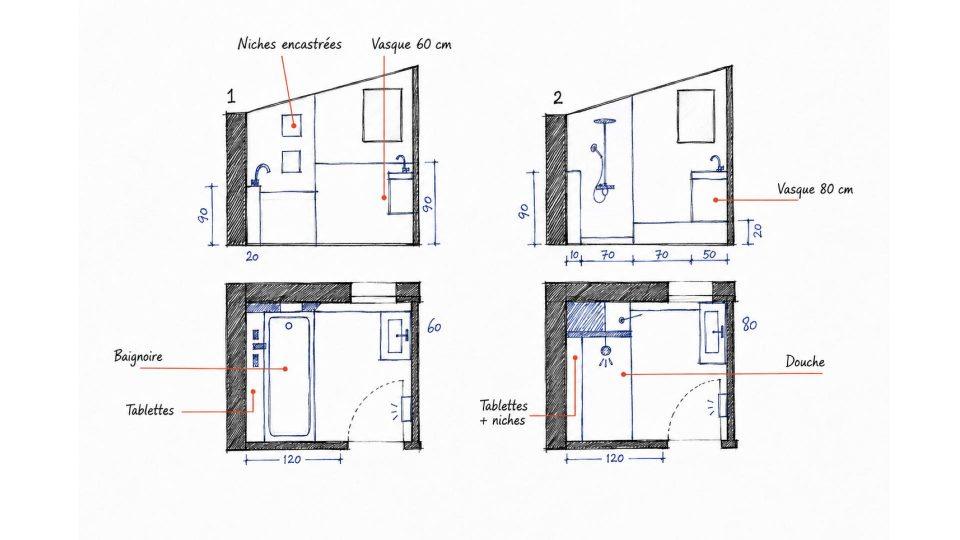 Croquis de la solution sur mesure avec robinetterie encastrée, caisson en plaques de plâtre et tablette en L sous pente