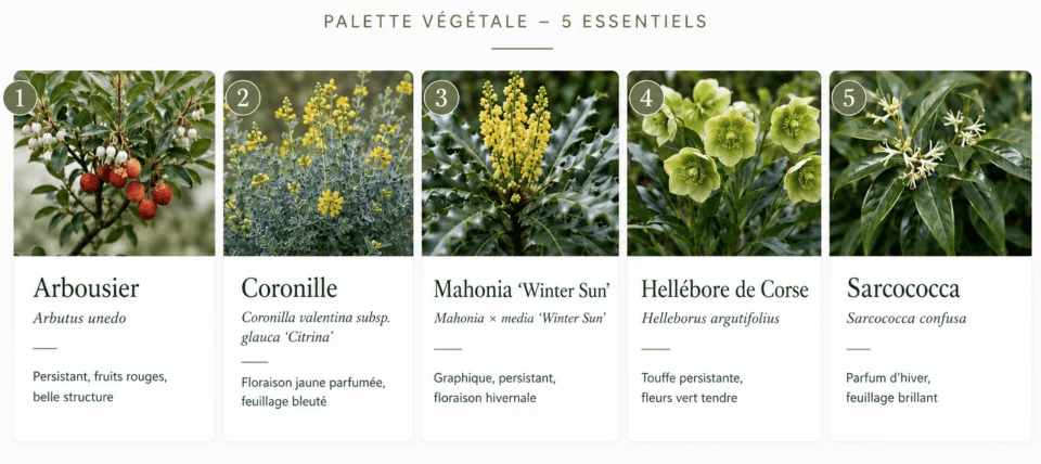 Palette végétale complète pour un jardin d'hiver : hellébore, cornouiller, mahonia, bambou et bruyère