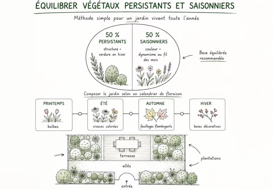 Schéma d'équilibre entre végétaux persistants et saisonniers pour un jardin vivant toute l'année