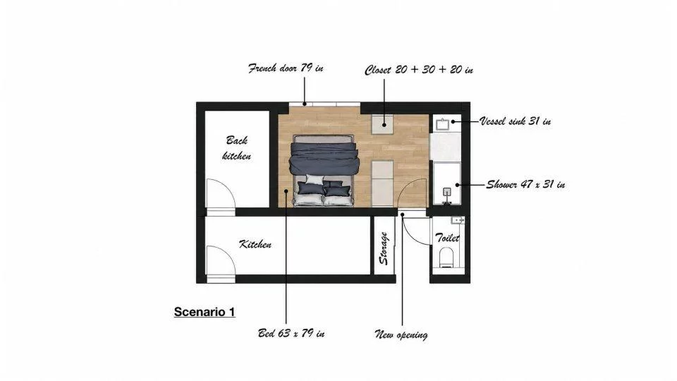 Floor plan for the first option: bathroom, closet and bedroom with sliding glass doors