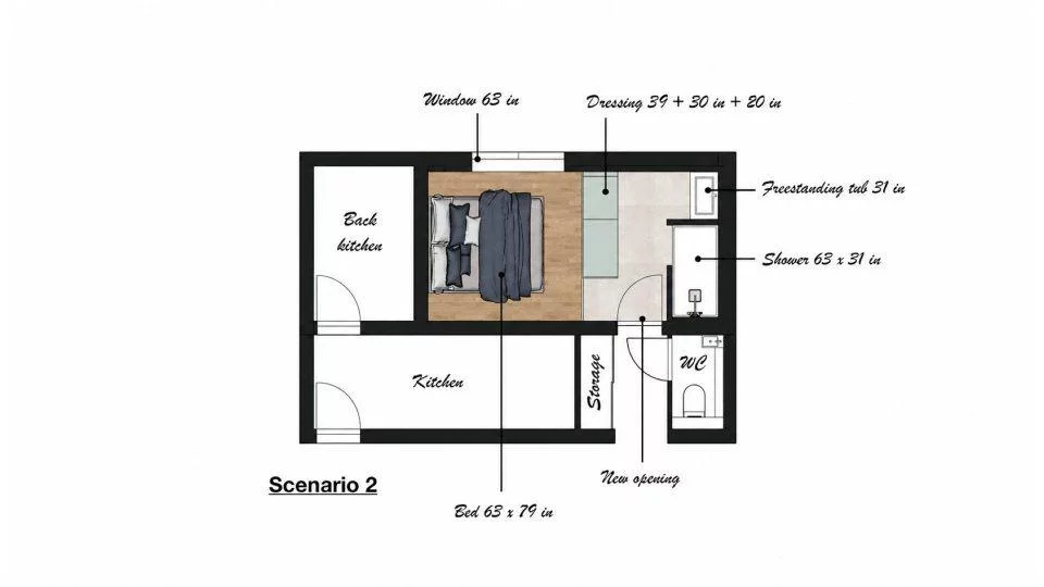 Floor plan for the second option: 63x32-inch shower and a generous window