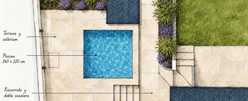 piscina pequeña de menos de 10 m² en un jardín en pendiente y de difícil acceso